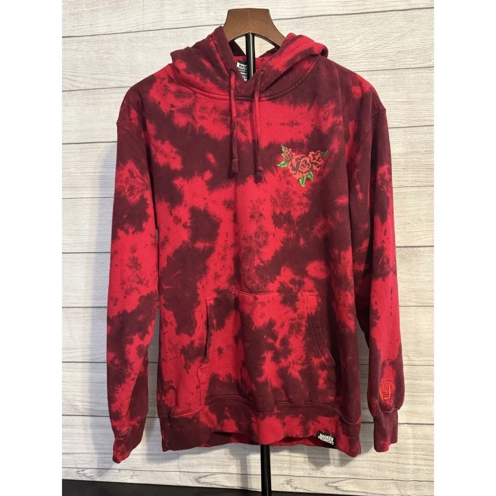 Broken Promises Pullover Hoodie Size M Red Black Tie Dye Rose Graphic